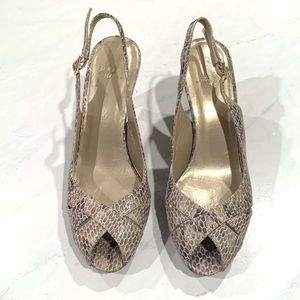 Stuart Weitzman Snakeskin Open Toe Sling Back Pumps